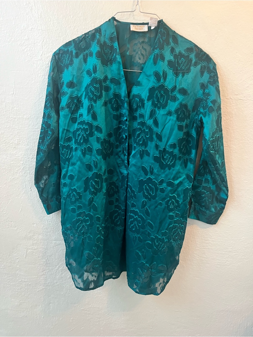Victoria Secret Teal Floral Sheer Blouse, 1990’s/early 2000